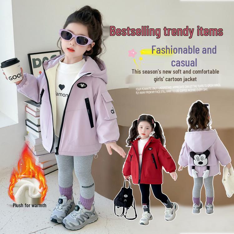 Girls' Fleece-Lined Windbreaker Jacket - 2025 New Padded Autumn/Winter Coat