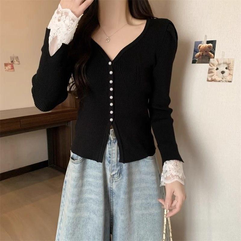 Private Lady Knit Cardigan With Lace Splicing And Princess Sleeves For Spring Wear