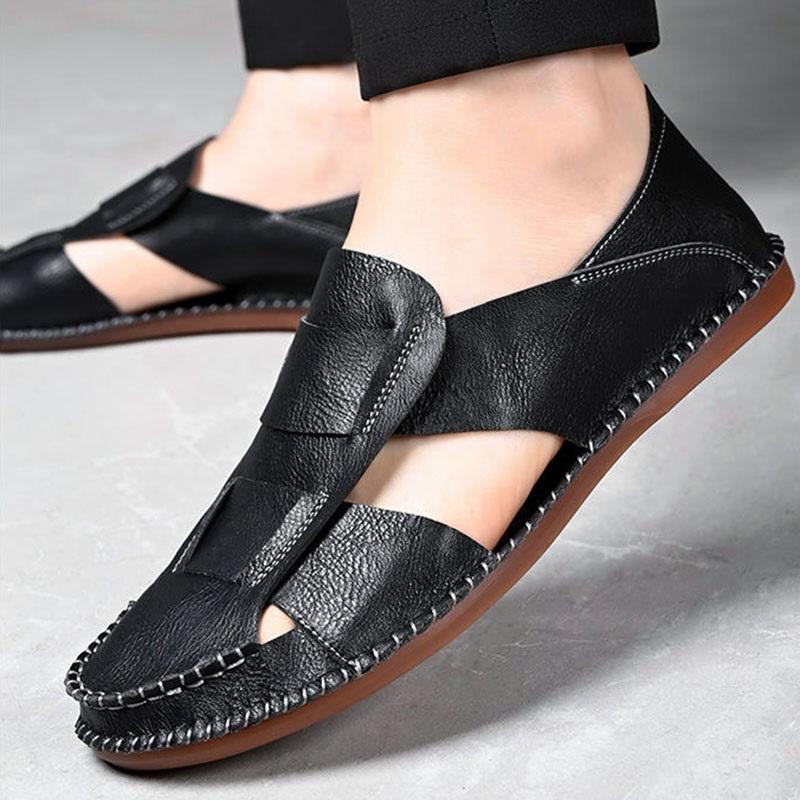 

Summer Designer Men s Gladiators Black White Silp on Pu Leather Casual Shoes Male Breathable Beach Sandals Outdoor Slippers 46 чорний