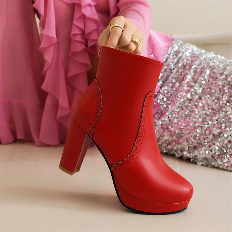 British Platform Ankle Boots Women Red Brown Pinked Microfiber High High Chunky Heel Winter Dress Office Lady Zipper Short Boots