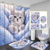 4Pcs Adorable Kitten Shower Curtain Set with Non-Slip Bath Mat, Toilet Lid Cover, Contour Rug & 12 Hooks, Bathroom Decor