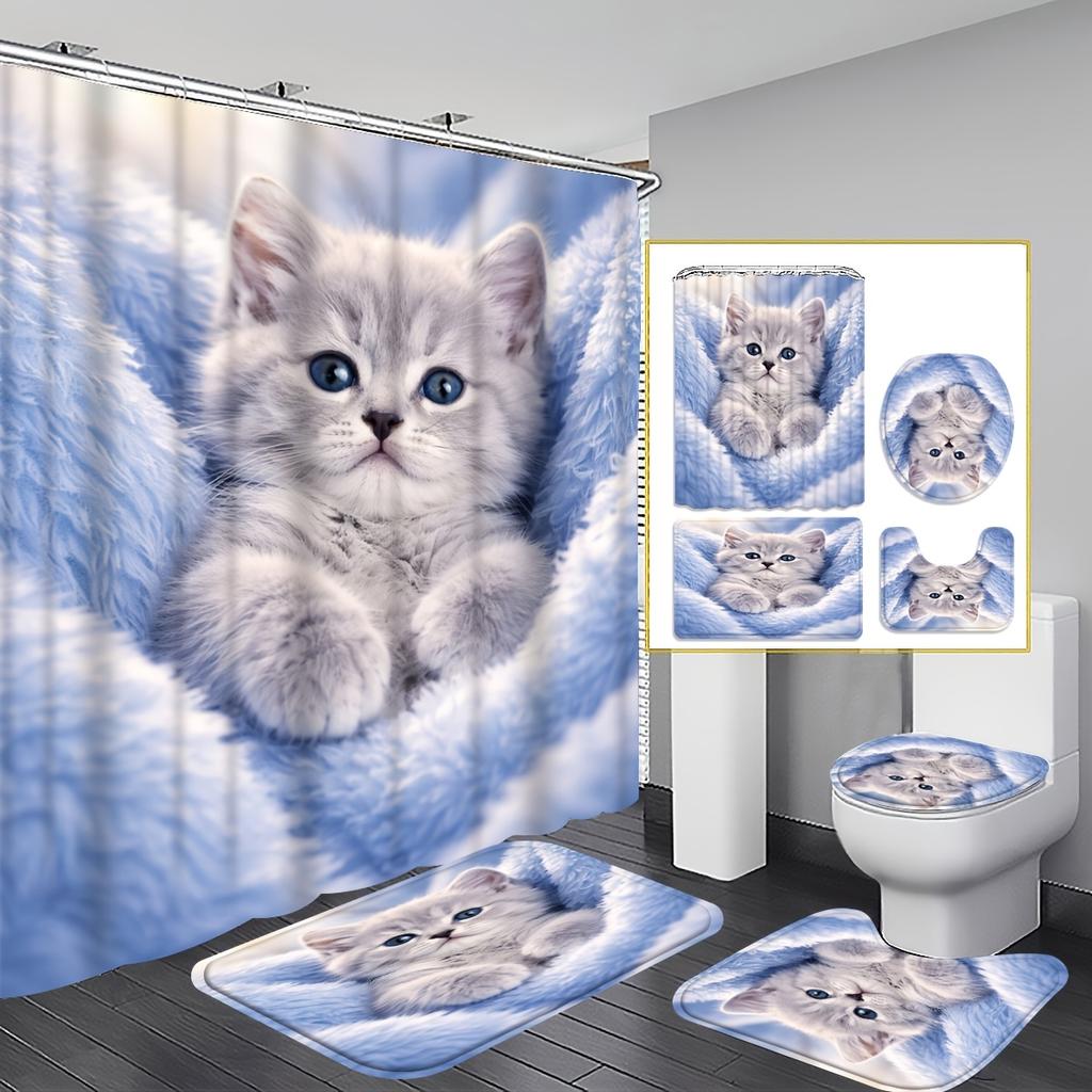 4Pcs Adorable Kitten Shower Curtain Set with Non-Slip Bath Mat, Toilet Lid Cover, Contour Rug & 12 Hooks, Bathroom Decor
