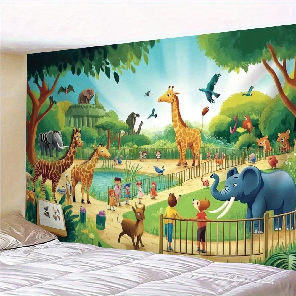 1pc Cartoon Zoo Animals Giraffe Elephant Kids Playroom Tapestry Educational Wall Art Nursery Decor Safari Adventure Background
