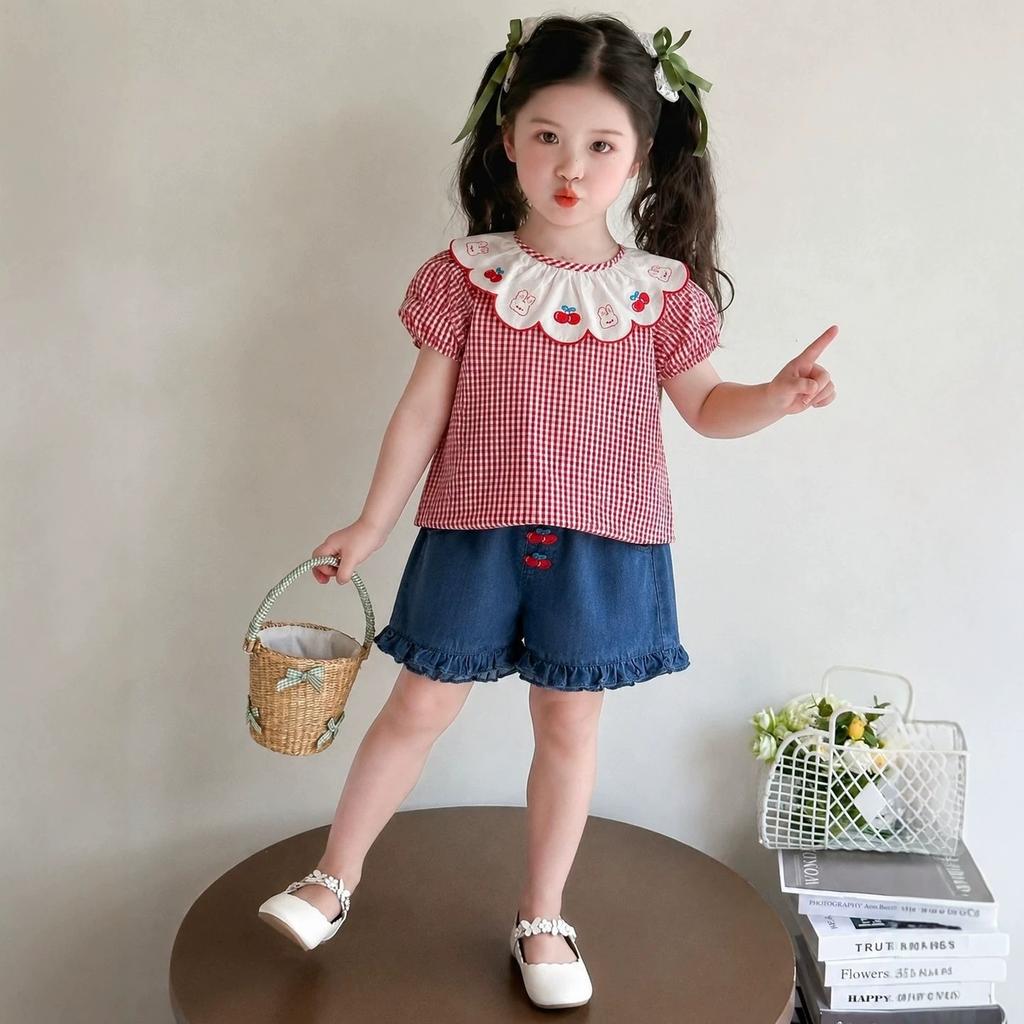 Sweet Summer Outfit Set with Embroidered Lace Collar Plaid Shirt and Solid Denim Pants