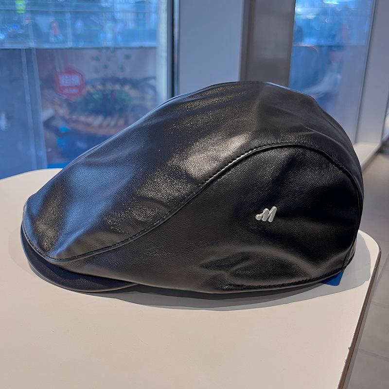 Autumn and winter new PU leather forward hat children's casual peaked hat British retro detective hat sun protection shade gentleman hat