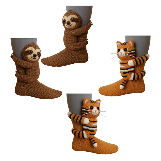2 Pairs 3D Knit Animal Socks Hand Crocheted Animal Doll Socks Sloth Cute Warm Winter Socks for Men Women Animal Lovers Gifts