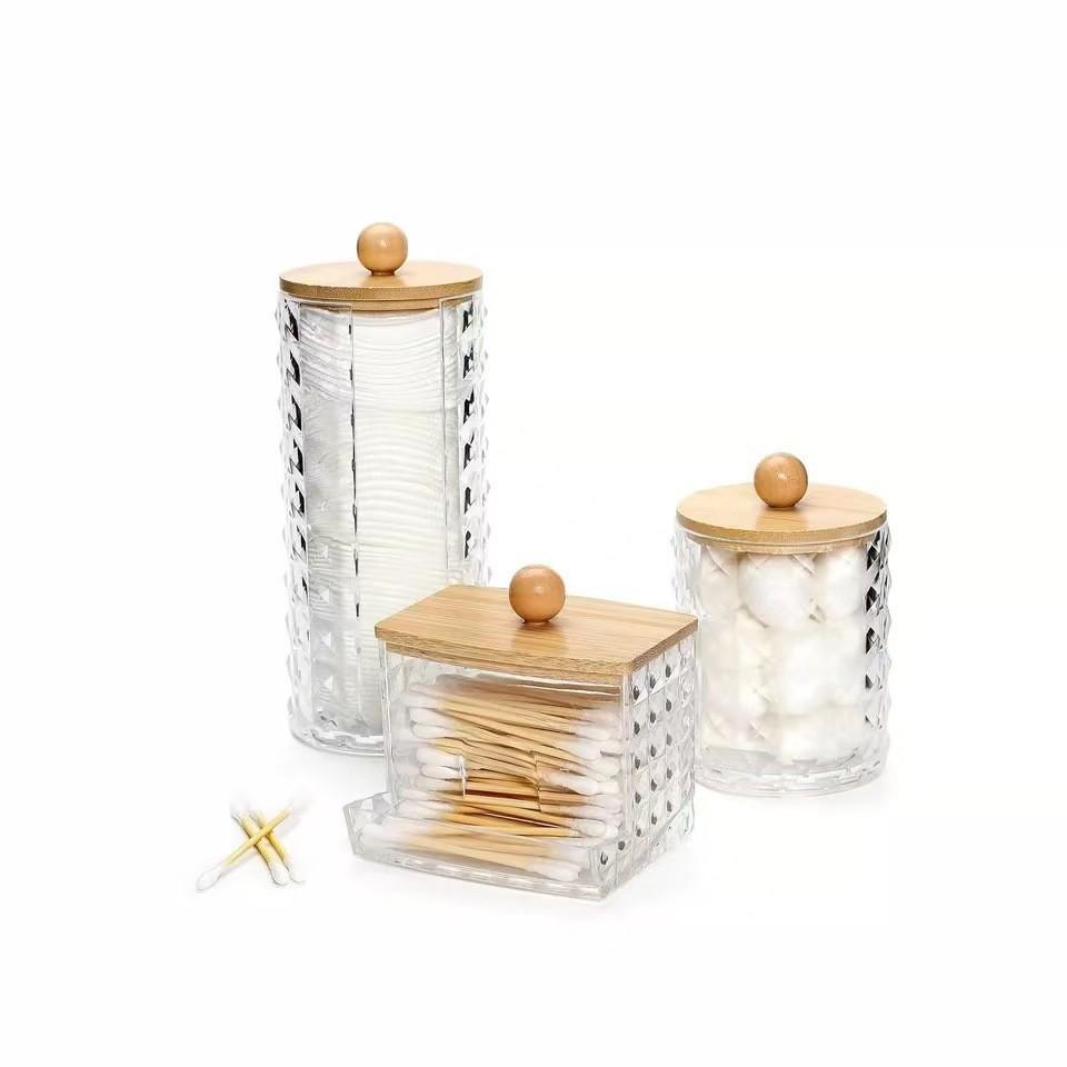 Bamboo Lid Cotton Swab & Makeup Remover Acrylic Storage Box: Includes Cotton Balls, Dental Floss, Round Box