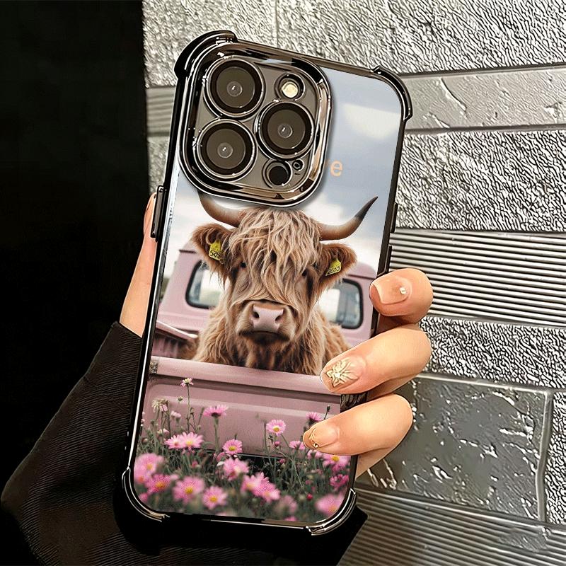 Cute Highland Cow Plating Phone Case For Iphone 16 17 Pro Max Air 16E 14 15 Plus 12 13 Mini Anti-Fall Airabag Cover