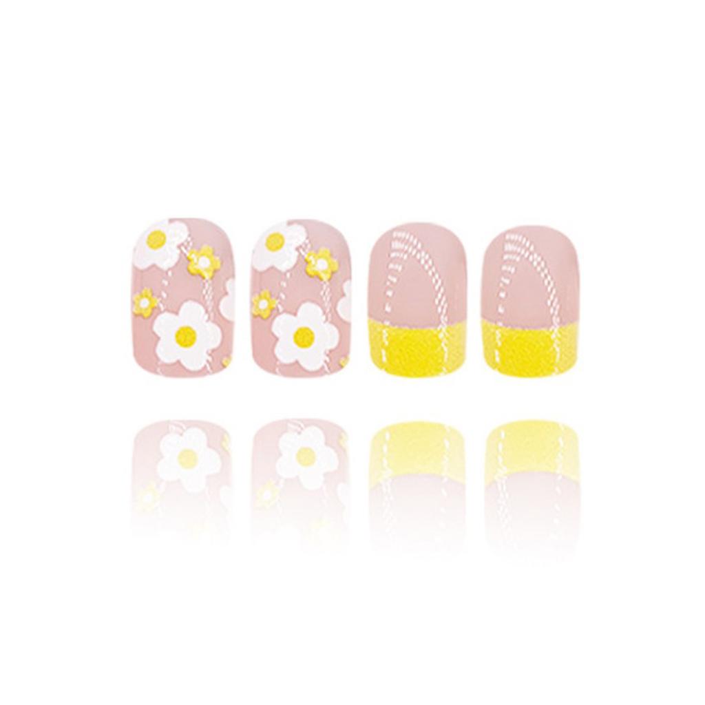 24 Stück Gelbe French Tip Aufklebenagel Kurz Quadratisch Falscher Nagel Blumen Acrylnagel Schlicht Vollständige Abdeckung Aufklebenagel