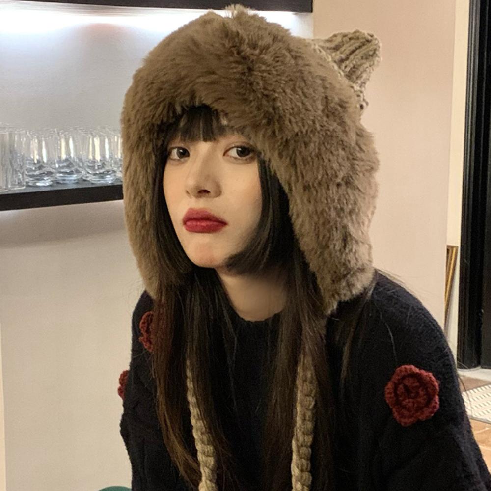 Animal Ear Flap Hat, Cute Plush Trapper Hat for Women, Winter Knit Cap with Fuzzy Ears, Warm Thermal Winter Hat for Cold Weather