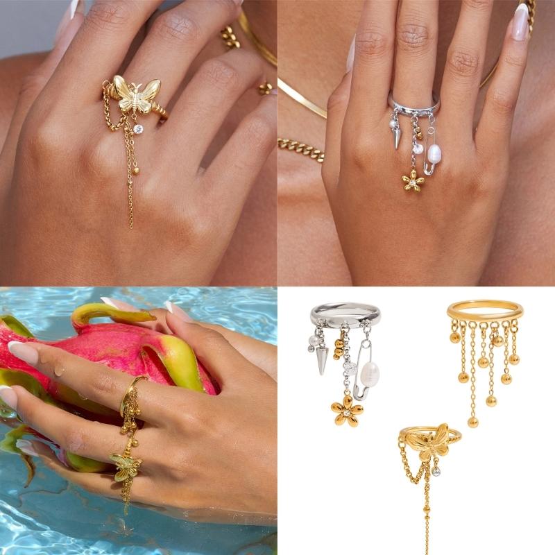 Stylish Floral Pendant Tassels Rings With Freshwater Pearls Stainless Steel Fashion Jewelry For Women