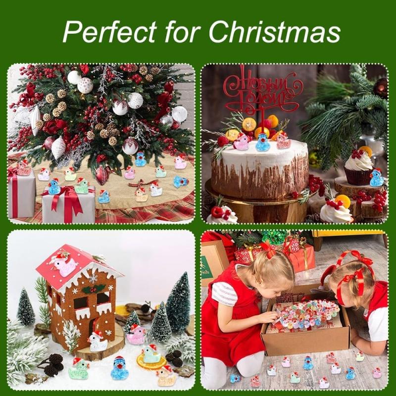 10/50 PCS Christmas Mini Glitter Ducks Colorful Tiny Small Little Resin Duck Figures with Christmas Hat for Landscape Home Decor
