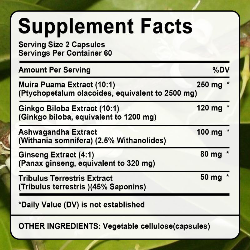 Estratto di Muira Puama (10:1) Integratore Alimentare, Con Estratto di Ginkgo Biloba, 120 Capsule per Flacone
