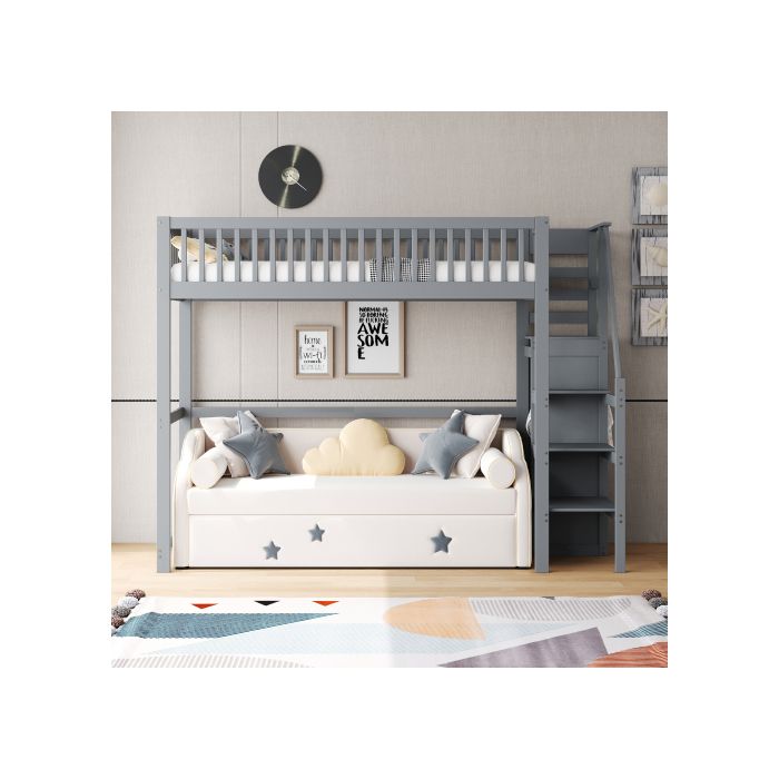 Lit mezzanine - MUVOE - 90x200 - Bois massif - Échelle de sécurité - Gris