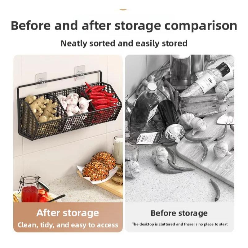 Wall-Mounted Green Onion Ginger Garlic Storage Rack Punch-Free Kitchen Multi-Functional Basket Organizer for Spices Herbs