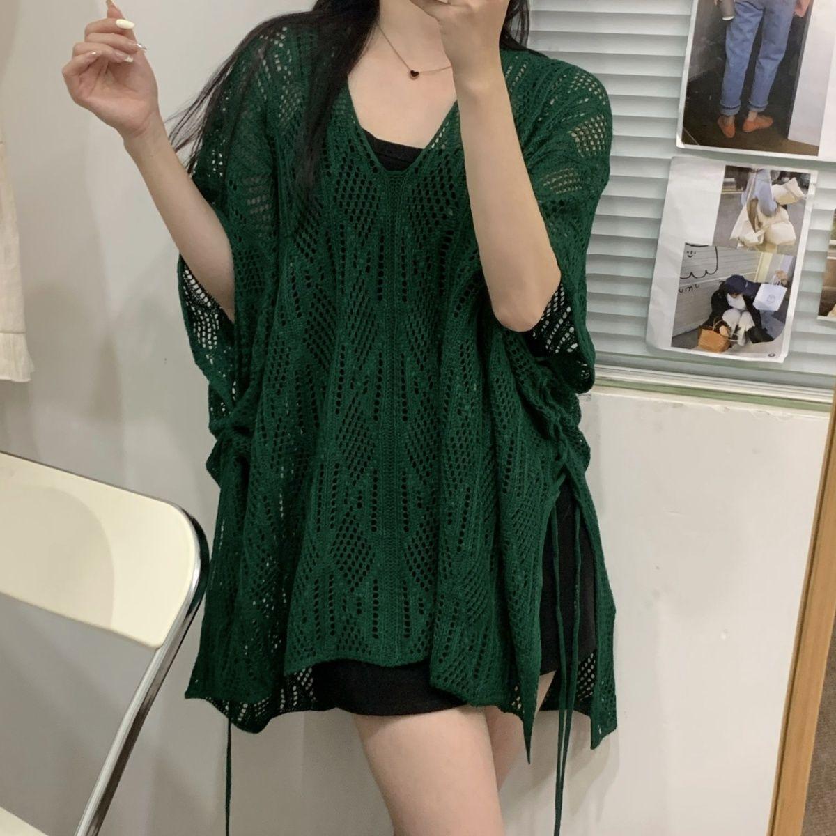 

Уникальный вязаный пуловер с ажурным узором: Летний свободный женский кардиган One Size [90-150] зелёный/алмаз