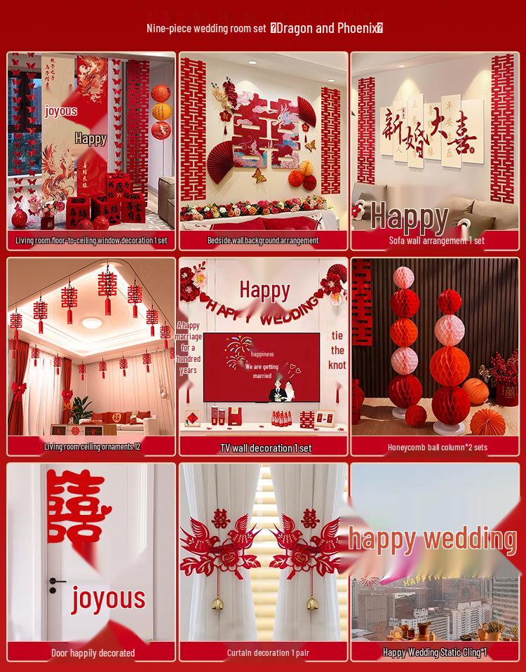 Double Happiness Wedding Room Cloth Banner Set for Ceremony and Hotel Décor