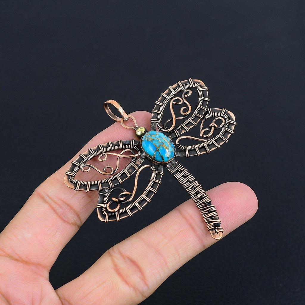 Blå kopparturkos Handgjord Ädelstenshänge, 999 Koppartråd lindat Hänge Antika Smycken, För Förlovningsgåva