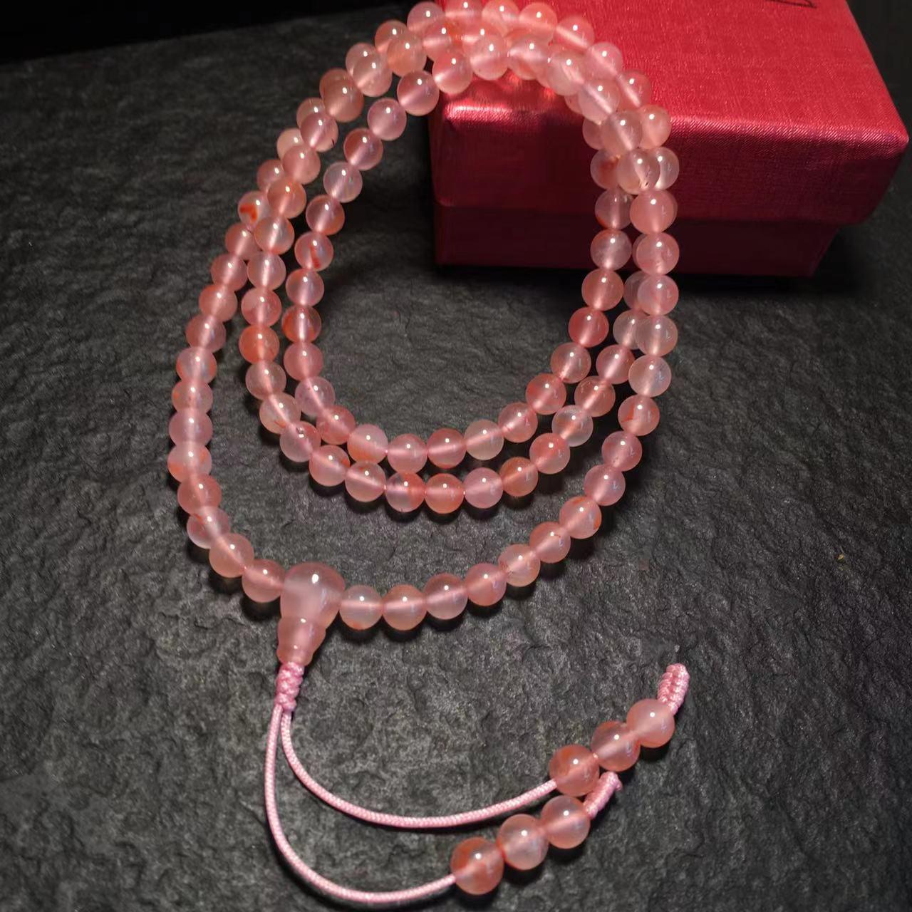 South Red Round Sichuan 108 Beads: Pink Tender Floating Flower Design, 5~6mm Buddhist Prayer Beads
