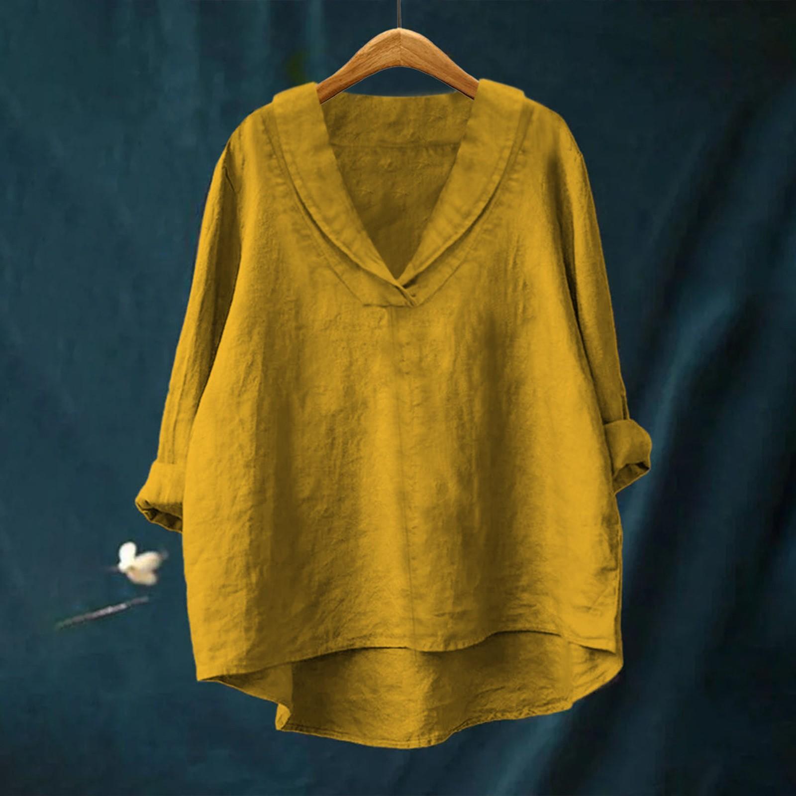 Women s Fashion Loose Solid Color  Long Sleeve Sleeve Cotton Top XL жёлтый