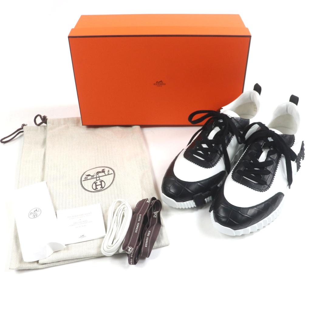 Hermes Sneakers White Black Crocodile 42 995336 Used