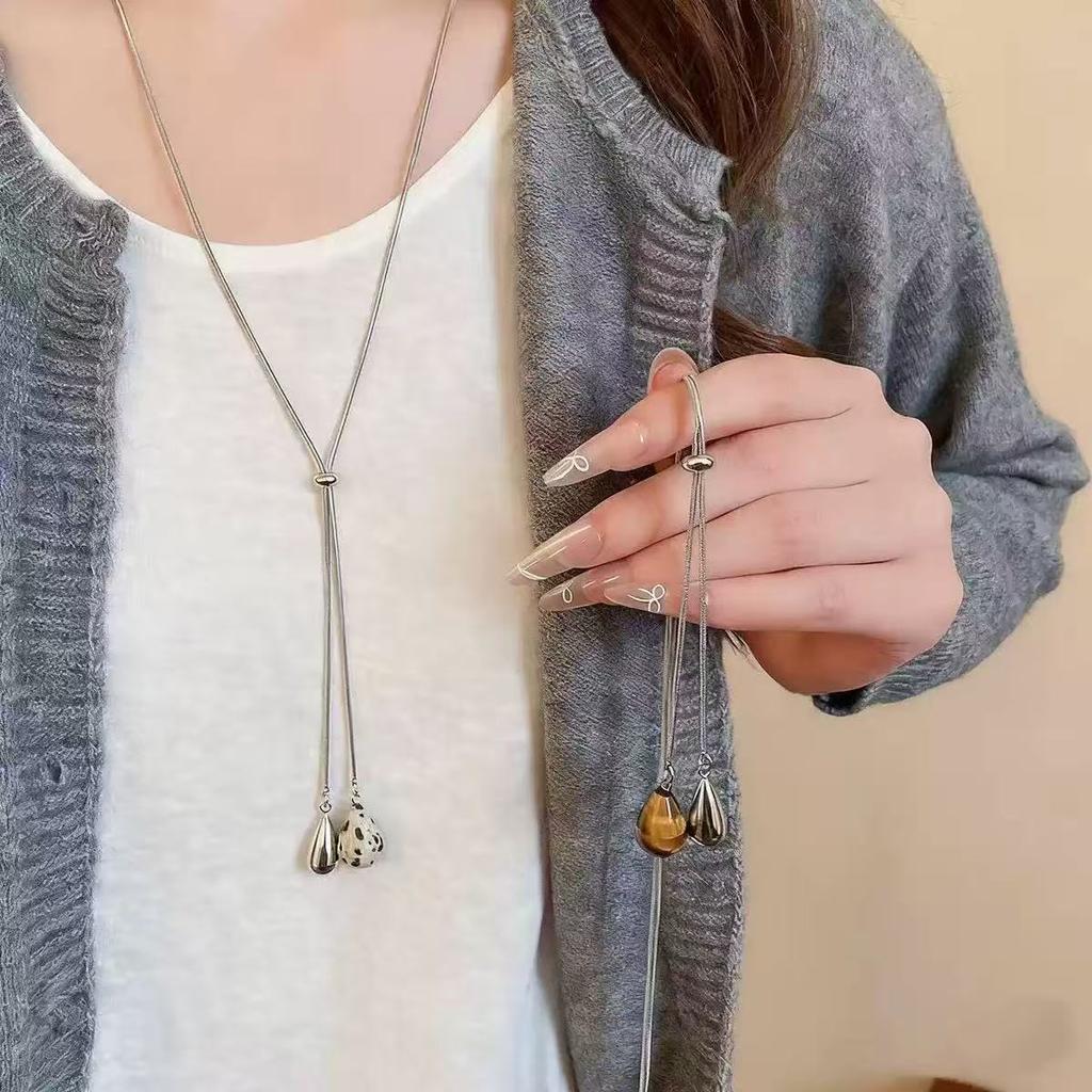 Tiger's eye stone water drop pulling necklace women's 1111 new popular light luxury niche design long sweater chain accessories