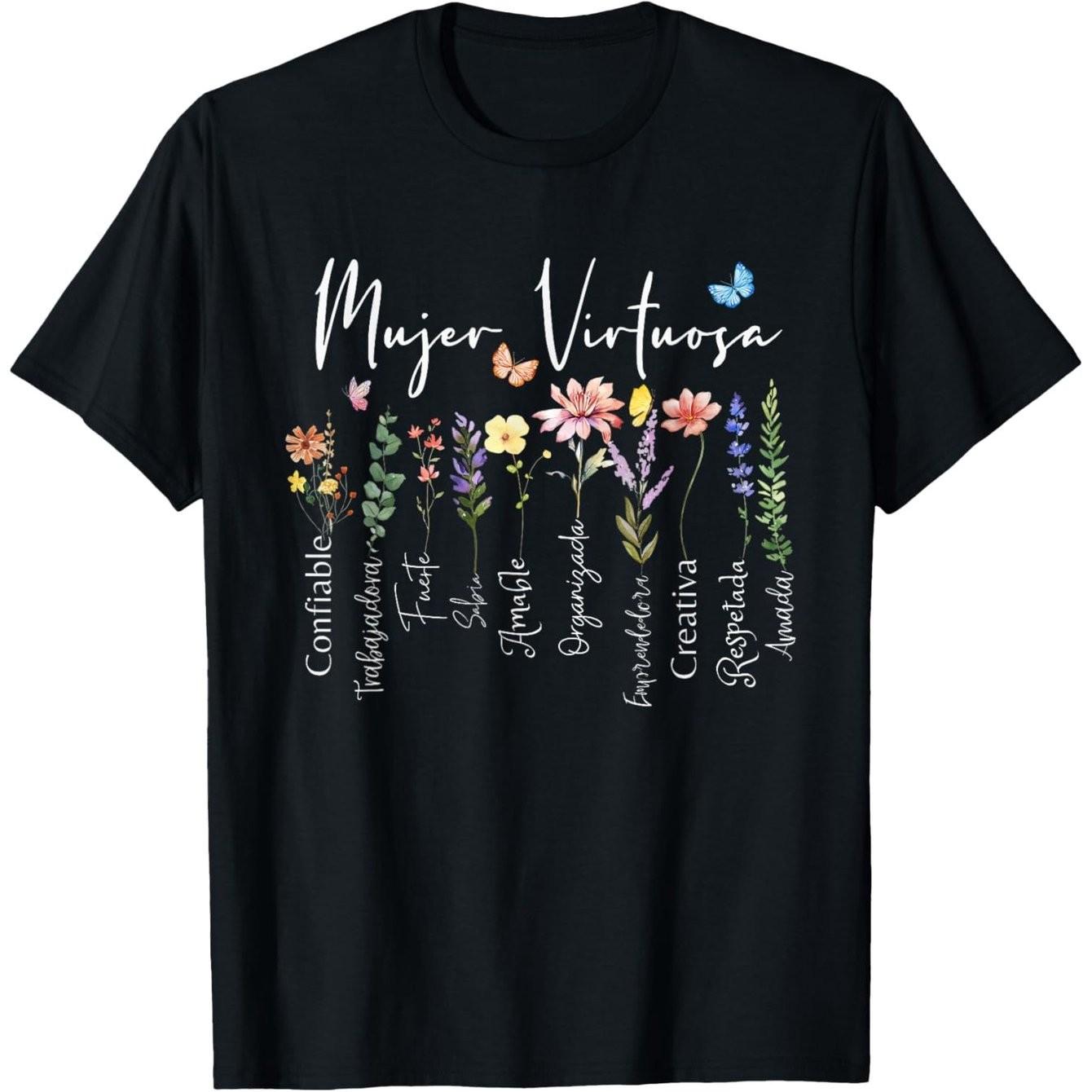 

Mujer Virtuosa Floral Graphic Tee Virtuous Women Attributes Spanish Casual Soft Short Sleeve TShirt S
