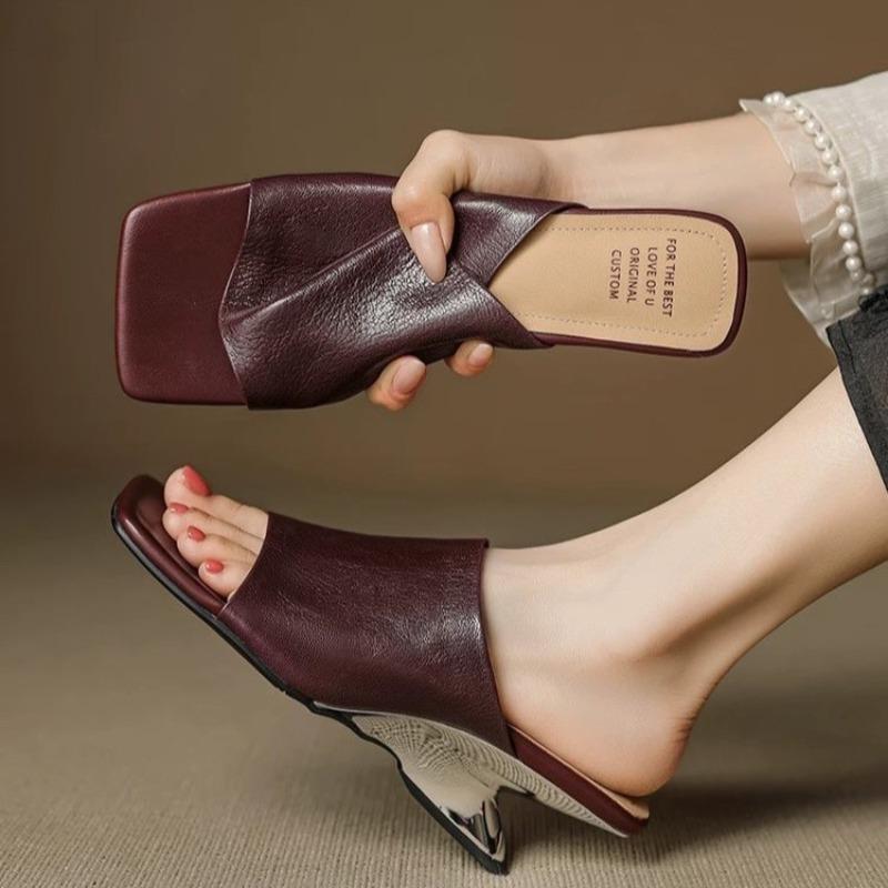 Fashion Designer 2025 New Summer Women High Heels Slippers Fashion Square Toe Heeled Shoes Woman Sandals Dress Party Sexy Pumps Zapatos