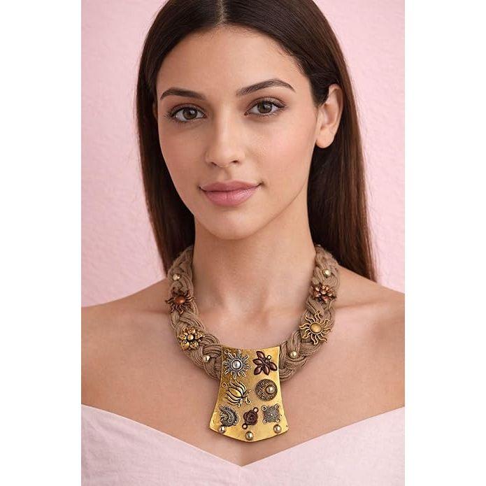 Jute Necklace with Metal Motifs, Braided Rope Design, Floral Embellishments, Statement Jewelry