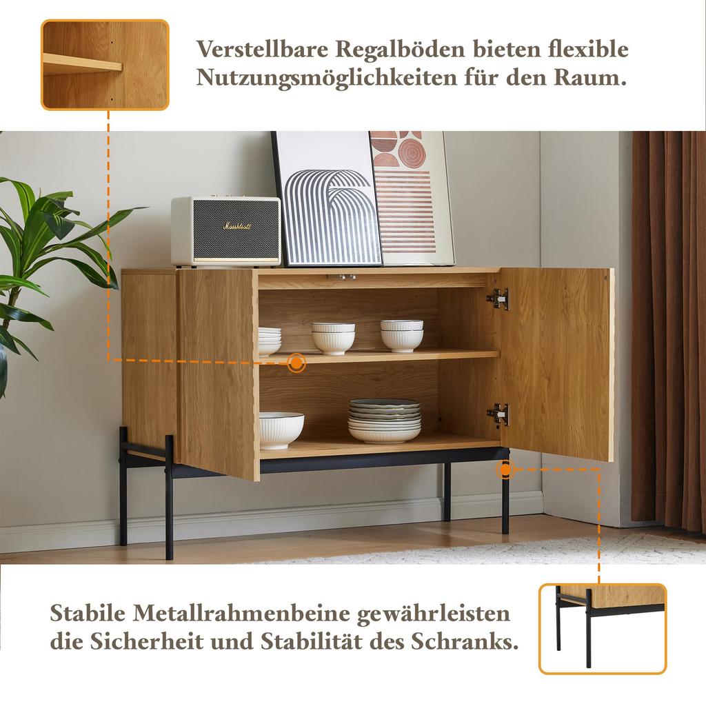Kredens Komoda 2 Drzwi Metalowe Nogi Design Linii Szafka Wielofunkcyjna Salon/Sypialnia/Korytarze/Kuchnia 100x40x75cm Kolor Naturalnego Drewna
