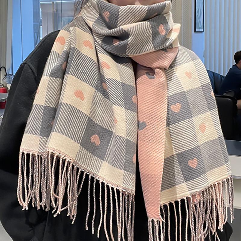Autumn and Winter Hot-selling New Love Imitation Cashmere Versatile Scarf Women's Warm Thickened Cold-proof Plaid Fringed Shawl