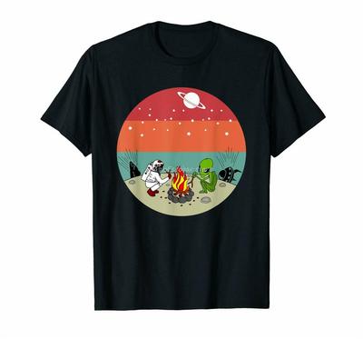 Hot Sale Unisex Brand Summer Cotton Tshirt Astronaut Meets Alien Fire Camping Planet Vintage Black Tshirt S3xl Outdoor Wear Shirt