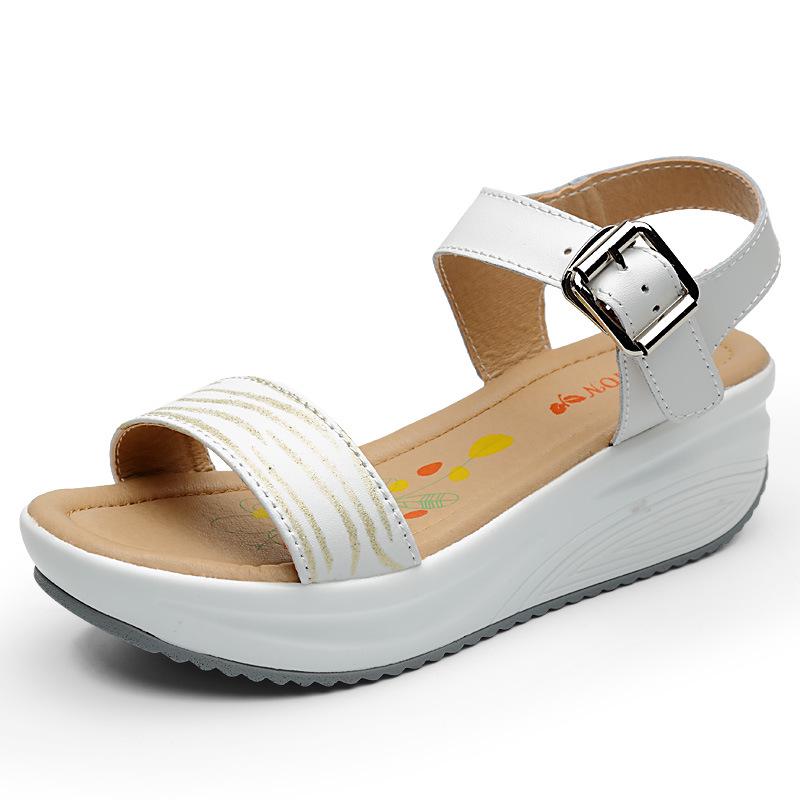 Summer Sandals Women's Genuine Leather Slope Heel Sandals Fish Mouth Thick Sole Elevated Mid Heel Women's Sandals