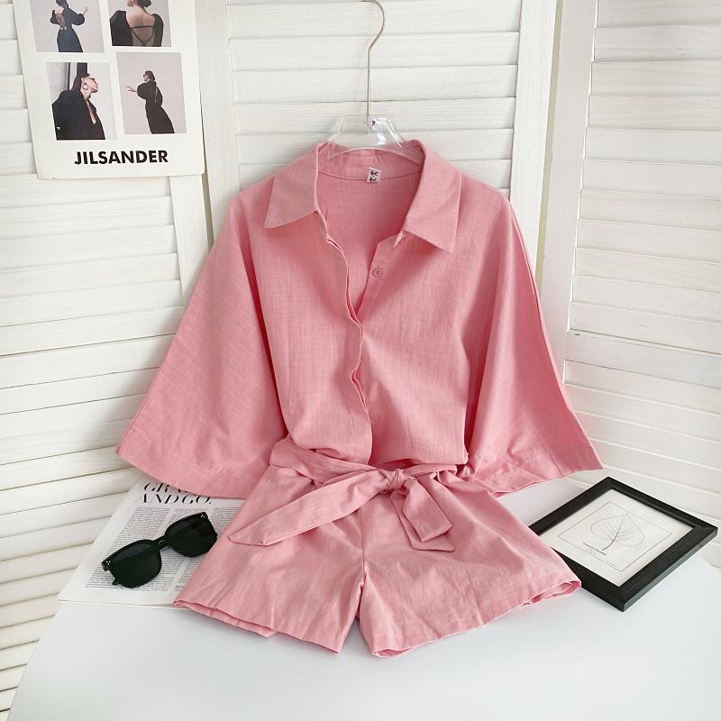 European and American Style Design Sense Shirt Collar Jumpsuit for Women's Summer New Versatile Waist Tied Short Sleeved Ju