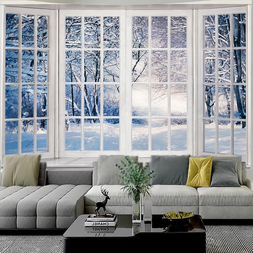 Winter Forest Window Tapestry White Snowflake Snowy Pine Tree Aesthetic Tapestry Nature Scenery Landscape Christmas Tapestries