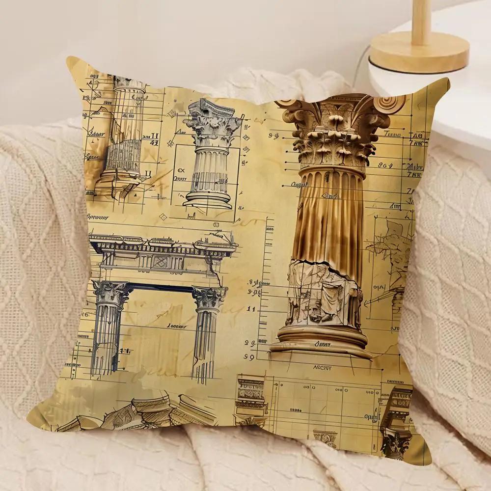 Retro Roman Architectural Cushion Cover Silky Short Plush Invisible Zipper Dustproof Sofa Pillow Case For Home Decor