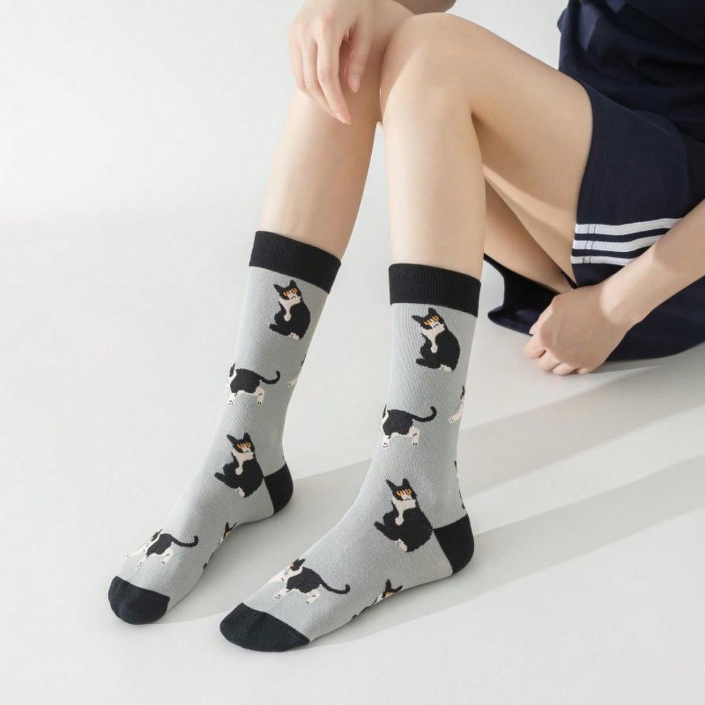 5 Pairs/Set Blue Cartoon Siamese Cat Cute Lovely Cotton Knitting Fashion Women Men Unisex Street Snap Jacquard Fancy Socks