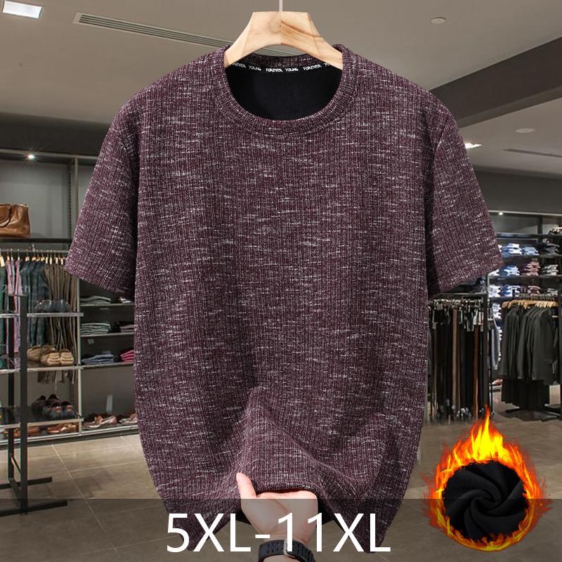 5XL-11XL Plus Size Velvet T-shirt Man Oversize Tops Winter Thick Warm Short Sleeve Tee Fashion Vintage Clothing
