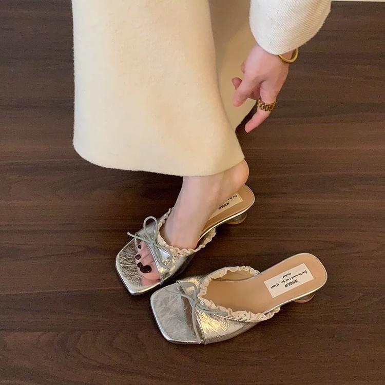 Gentle Fairy Cool Slippers 2025 Summer French Sweet Elegant Lace Bow Silk Open-toed Sandals