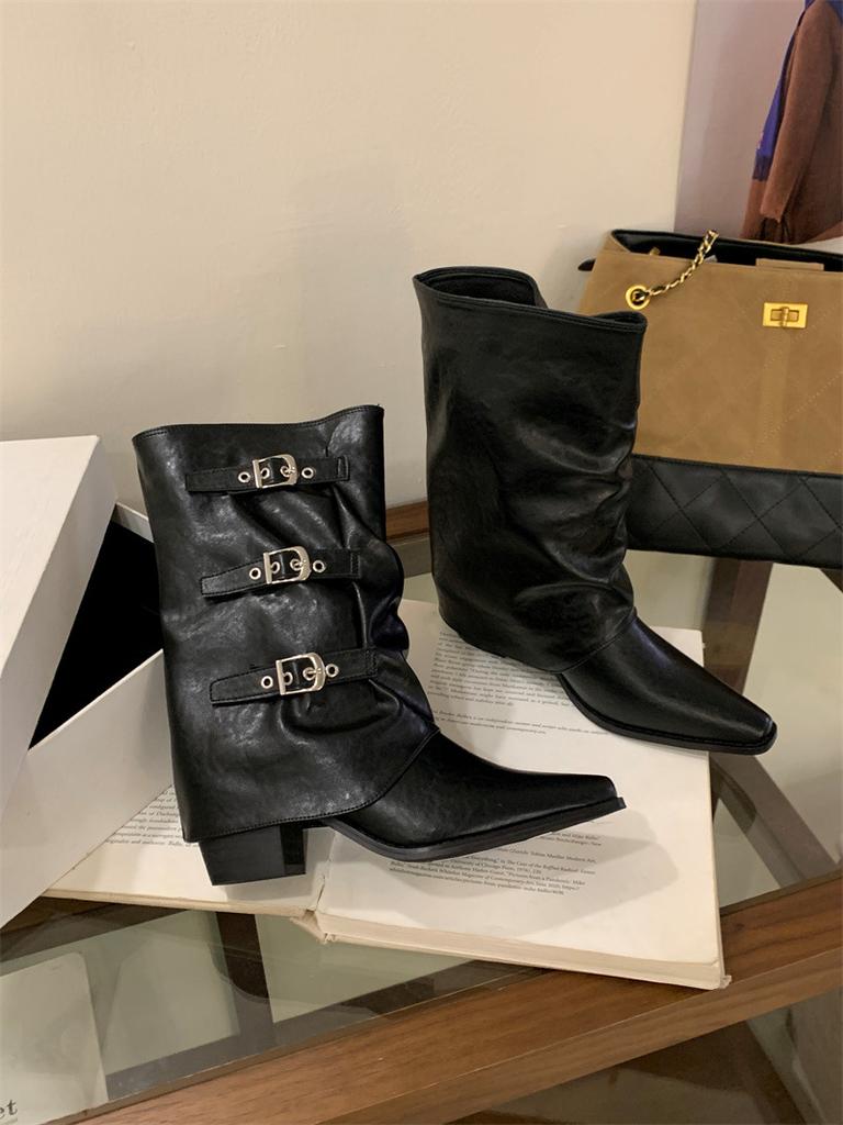 Cowhide Version Pointed Middle Boots Women's Autumn and Winter New Belt Buckle Thick Heel Knight Pleated Pile Boots Leather Thin Boots