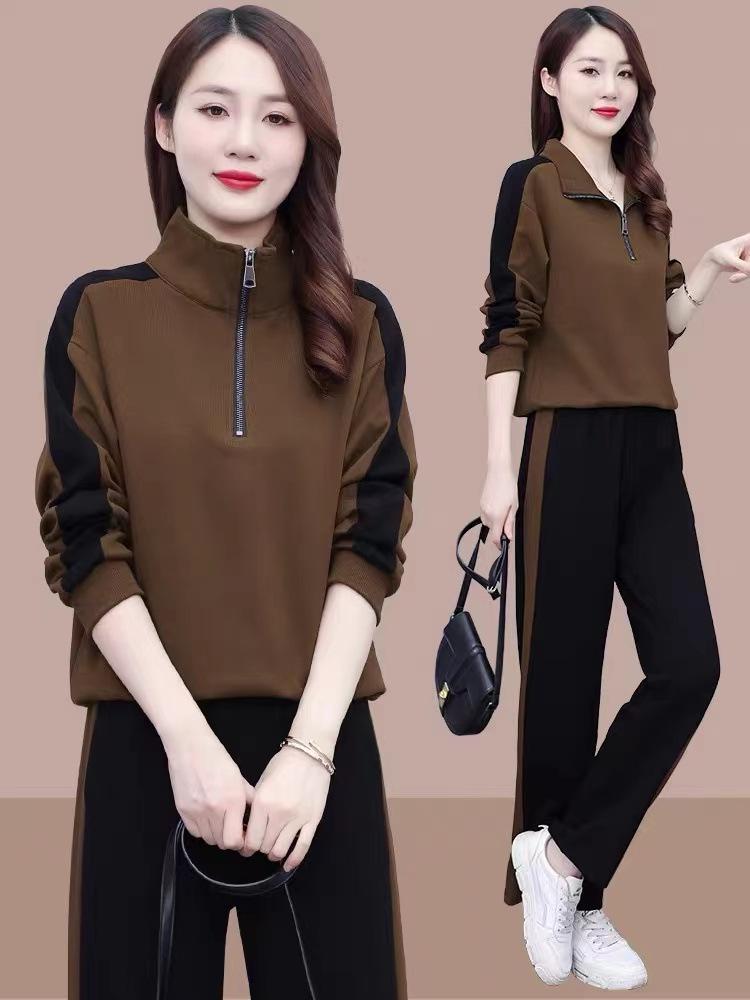 

Бархатный Утепленный Повседневный Спортивный Костюм: Женский костюм-двойка со стойкой и длинными рукавами для осени и зимы. L кофейный