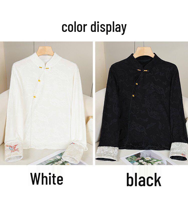 2024 Women's Retro Jacquard Frog Button Long Sleeve Shirt with Stand Collar