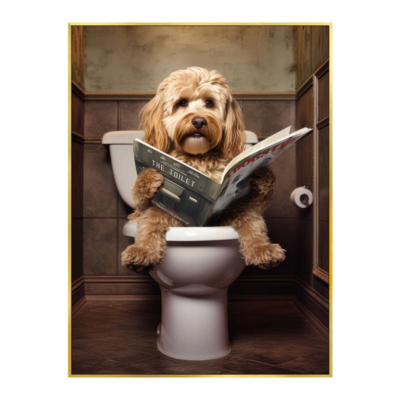 Zabawny plakat z krową szkocką, szympansem i psem Dekoracja toalety łazienki Zwierzę czytające gazetę Obraz na płótnie Sztuka ścienna Obrazy Dekoracja domu