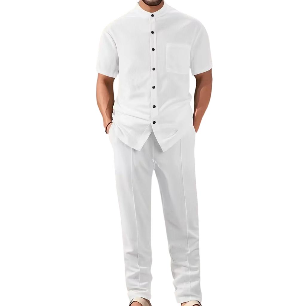 Men's  Sports  Leisure  With  Pocket  Short  Sleeves  Shirt  Trousers  Set