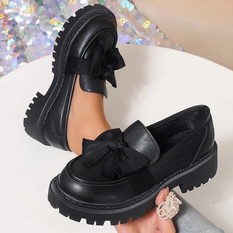 Spring Bowknot Platform Loafers Women Black Faux Leather Slip On Flats Shoes Woman College Style Thick Sole Dress Shoes Size 42