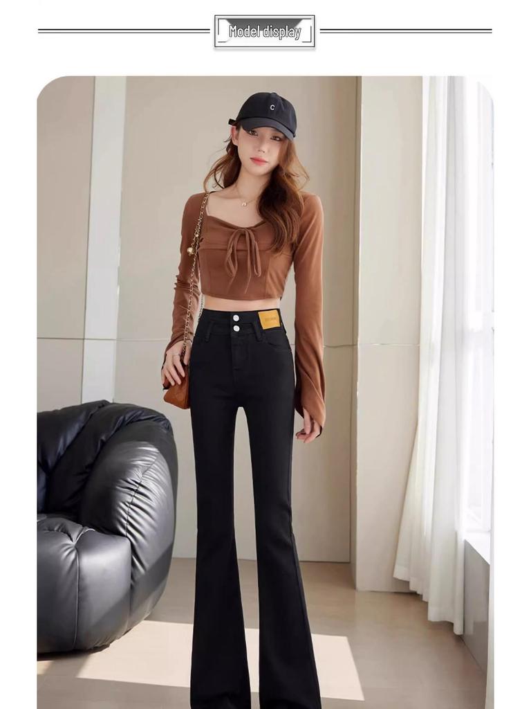 Damen Schwarze High Waist Micro Flare Denim Hose - Schlankmachende Birnenform-Passform für Frühling & Herbst 2025.