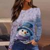 Women's Fashion Casual Slit Hem Round Neck Long Sleeve Loose Printed T-Shirt Ladies Top Christmas