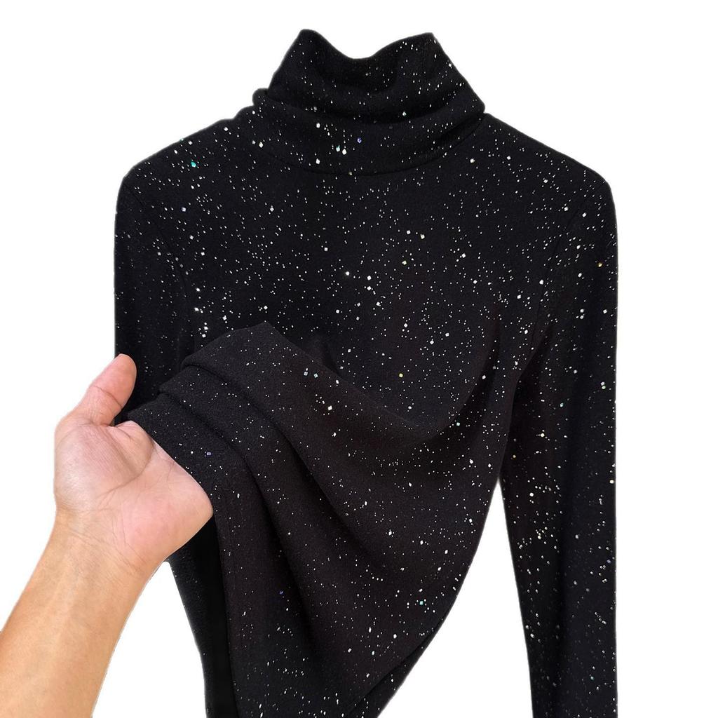 Women's Sequined High-Collar Brushed Corduroy Long Sleeve Shirt - 270g
