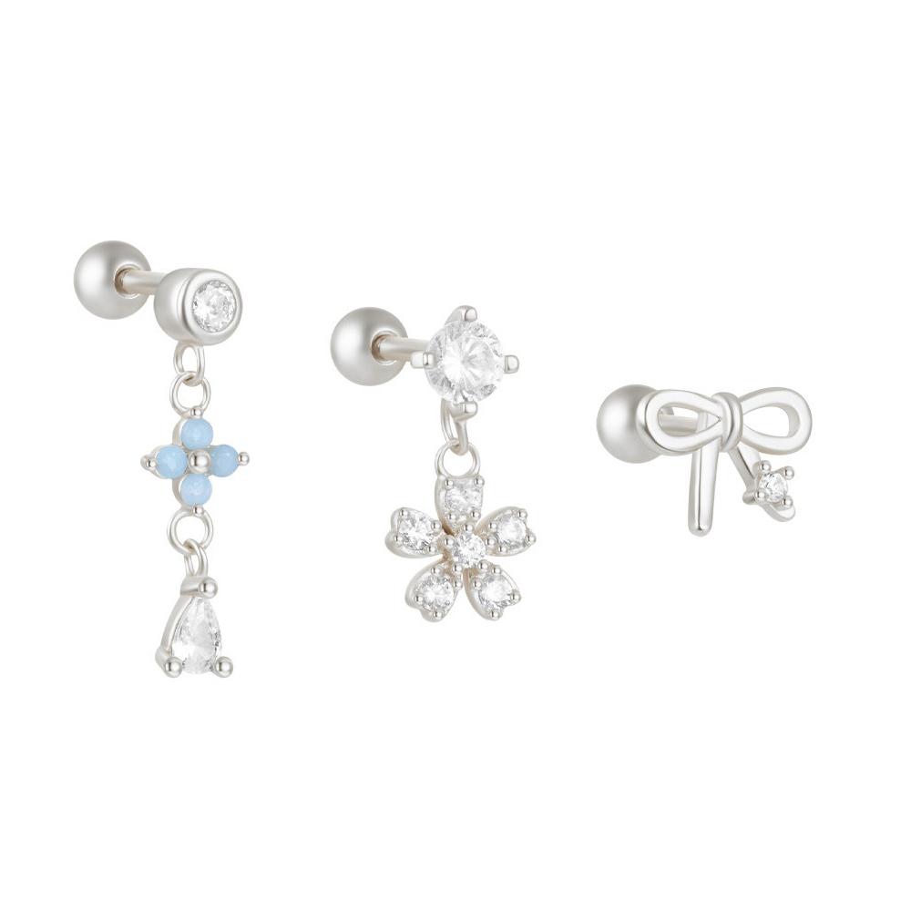 3PCS Stainless Steel Blue Opal Stone Flower Bowknot Petal Piercing Earrings Set For Women Statement Earring Party Jewelry aretes