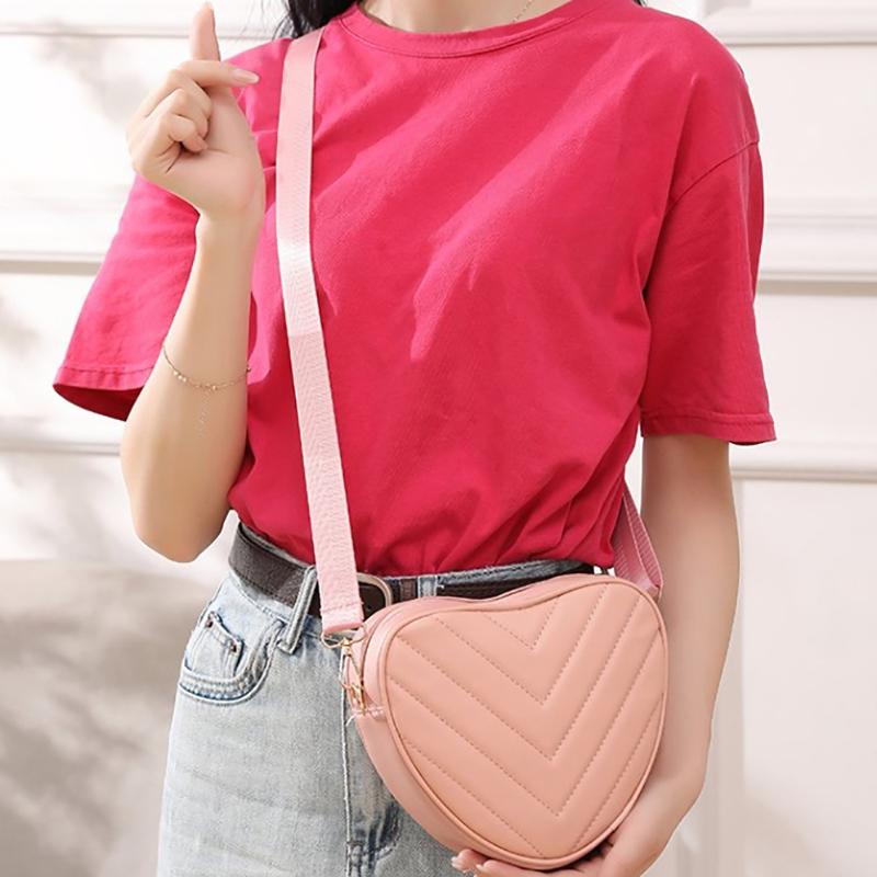 Fashionable Heart-Shaped Shoulder Bag Handbag Pu Leather Zipper Women'S Casual Wide Shoulder Strap Crossbody Bag